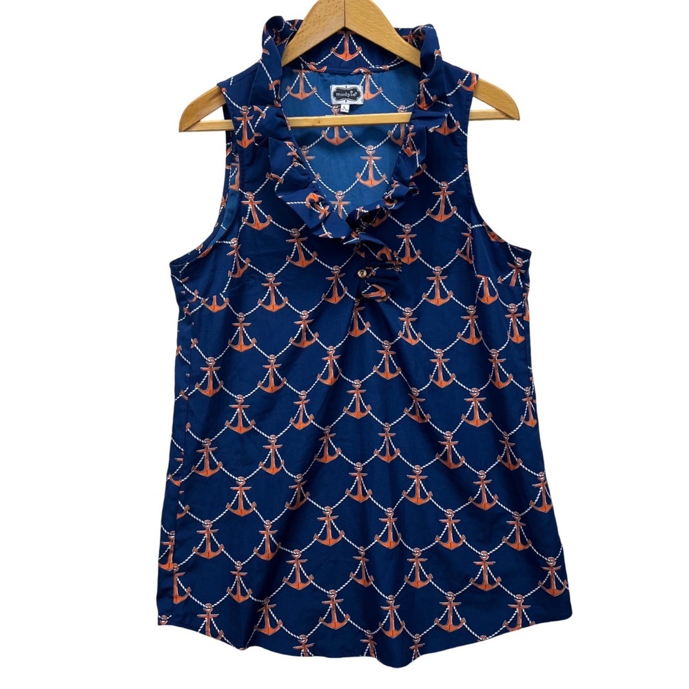 Mud Pie Anchor Print Ruffle Neck Sleeveless Blouse Women L Navy Nautical Coastal